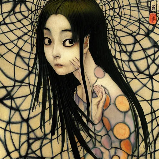 Image similar to yoshitaka amano blurred and dreamy realistic portrait of a woman with black eyes and white hair wearing dress suit with tie, junji ito abstract patterns in the background, satoshi kon anime, noisy film grain effect, highly detailed, renaissance oil painting, weird portrait angle, blurred lost edges, three quarter view