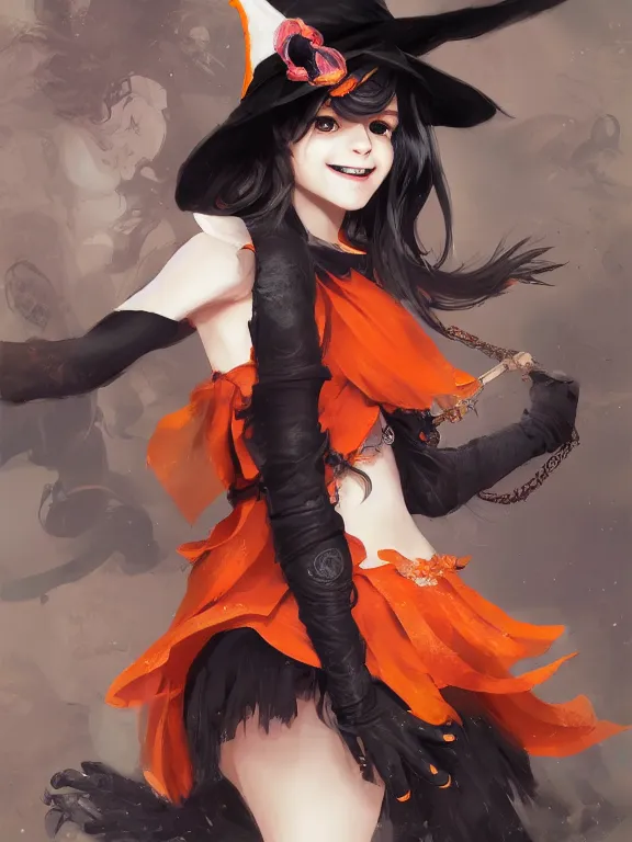 Prompt: Full shot of a mischievous young witch with a cute smile about to get up to some trouble. Latin inspired fashion. Black and Orange palette. Latina girl. From Encanto. By Ruan Jia and Artgerm and Range Murata and WLOP and CLAMP and Loish. Key Art. Fantasy Illustration. award winning, Artstation, intricate details, realistic, Hyperdetailed, 8k resolution.