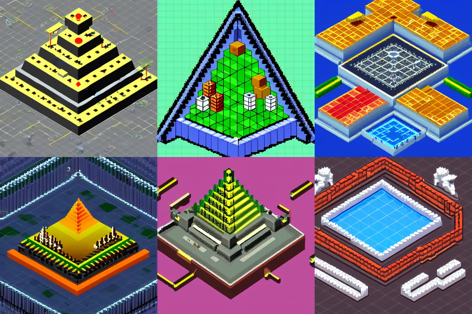 Prompt: an isometric pixel art cybernetic pyramid, video game map, tactics