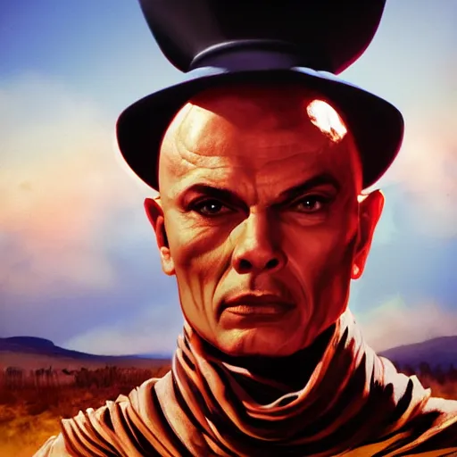 Prompt: a giant scowling and flaming disembodied head of Yul Brynner judging the peasants that live on the land below him, digital art, 4K