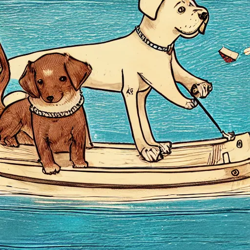 Image similar to a masterpiece detailed illustration of a cute dog on a boat. the scene is detailed and beautiful. the illustration combines the style of michael foreman and jane clarke. 3 / 4 view.