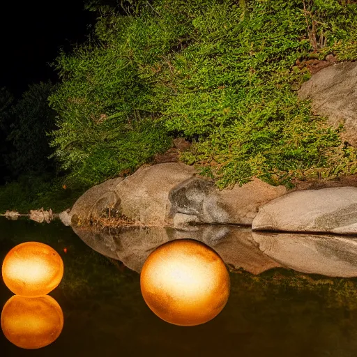 Image similar to glowing orbs over a lake in the night, wet rocks
