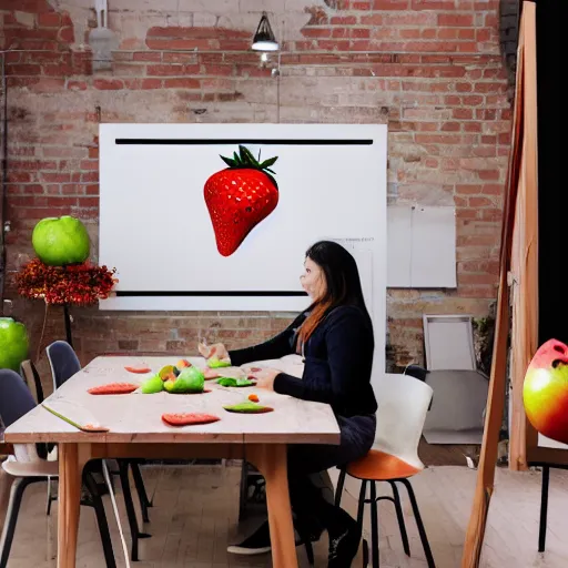 Prompt: A product photoshoot of a 10ft by 10ft art studio, a strawberry is sitting at the table in the middle of the room with an apple on the table, woman his holding a sign, table is centered