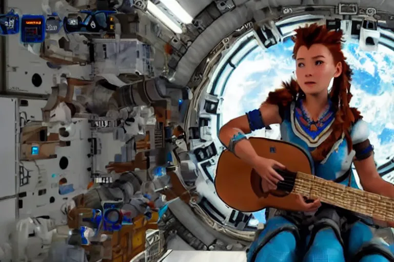 Image similar to aloy from the horizon zero dawn videogame playing the guitar in the international space station