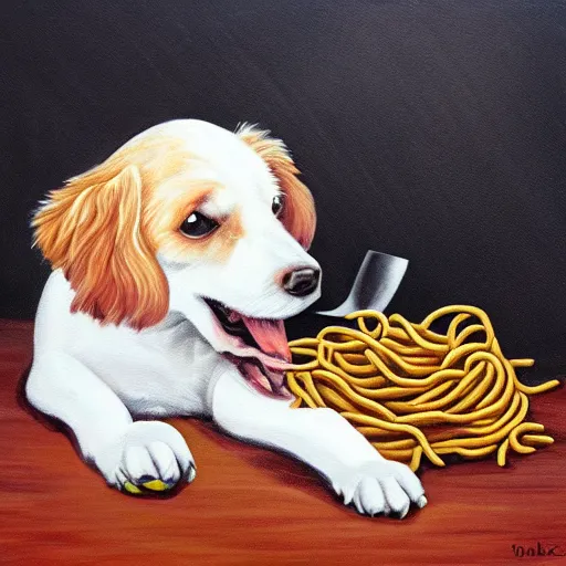 Prompt: painting of a dog eating spagetti