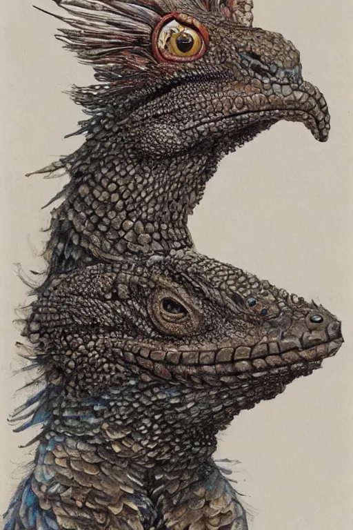 Image similar to art by john howe of a dog - sized humanoid with the feathers of a magpie, head of a horse, front claws of a gecko, arms of a monitor lizard and the face of a chinchilla.