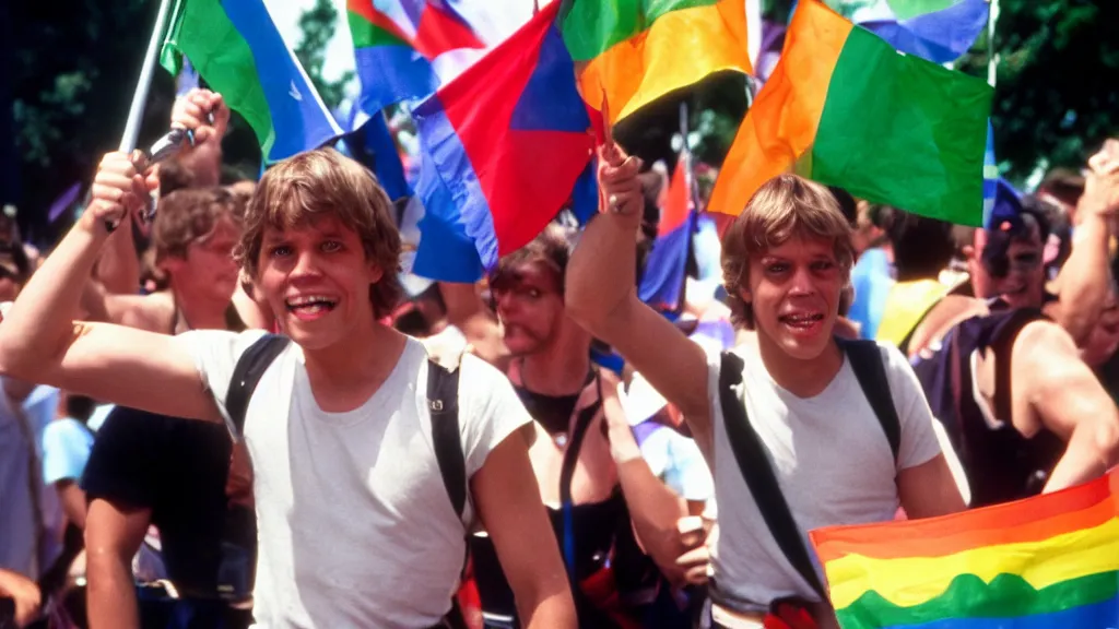 Image similar to rotj luke skywalker goes to pride, getty images, victorious, flags, parade, gay rights, bright smiles, daylight, twenty three year old luke skywalker at gay pride, 3 5 mm photography, very happy, smiling