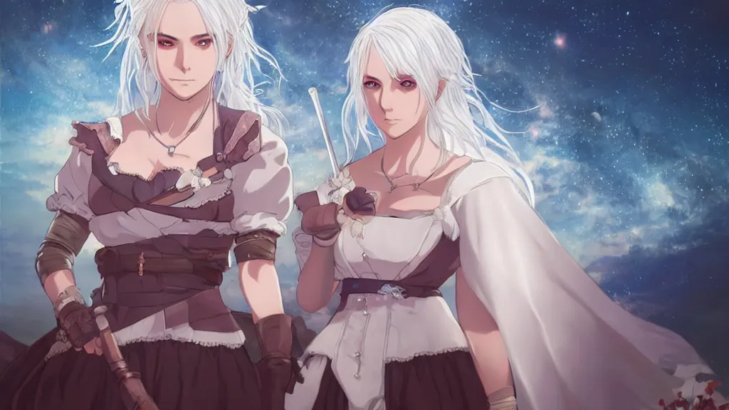 Image similar to anime portrait of ciri from the witcher dressed as a bride, in the background you can see the milky way. official art, key visual, studio lightning, very detailed bd cover, Studio Ghibli