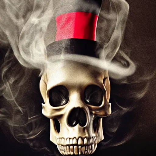 Image similar to hyperrealistic skull wearing a top hat surrounded by smoke, smoke pouring out of its mouth,