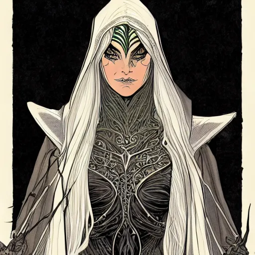 Image similar to full elven witch, intricate, veins, by Hugo pratt, ultradetailed, trending on artstation,