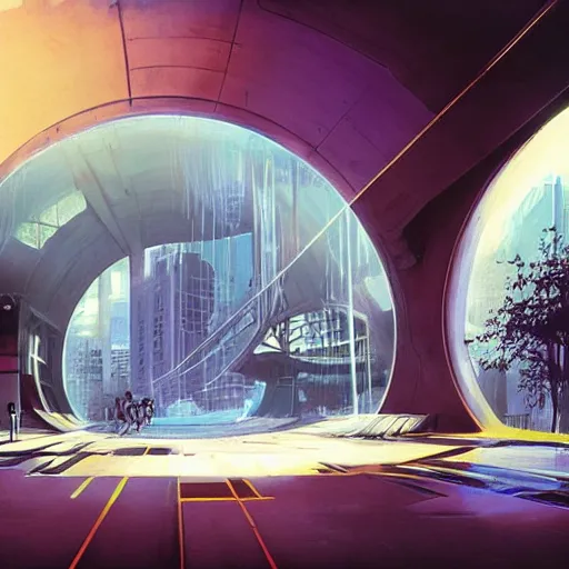 Image similar to centered circular derelict portal in a middle of a futuristic cityscape located under a bridgeway, world seen only through a portal, daylight, cinematic perspective, cinematic lighting, blue sky, syd mead, john harris, symmetrical