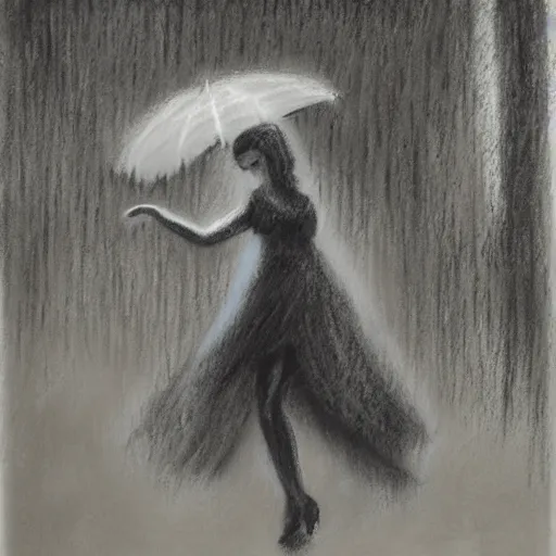 Prompt: a charcoal and pastel drawing of a lady dancing in the rain during the night