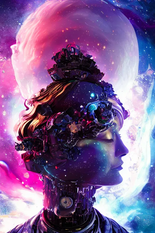 Image similar to a fancy portrait of a broken automaton floating in the vacuum of space with a colourful nebula behind her by dustin nguyen, sung choi, mitchell mohrhauser, maciej kuciara, johnson ting, maxim verehin, peter konig, bloodborne, 8 k photorealistic, cinematic lighting, hd, high details, dramatic, dark atmosphere, trending on artstation