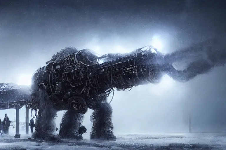 Image similar to an intricate futuristic black steam train and a giant mammoth, post - apocalyptic ice landscape in snowstorm, concept art, artstation, highly detailed, digital art