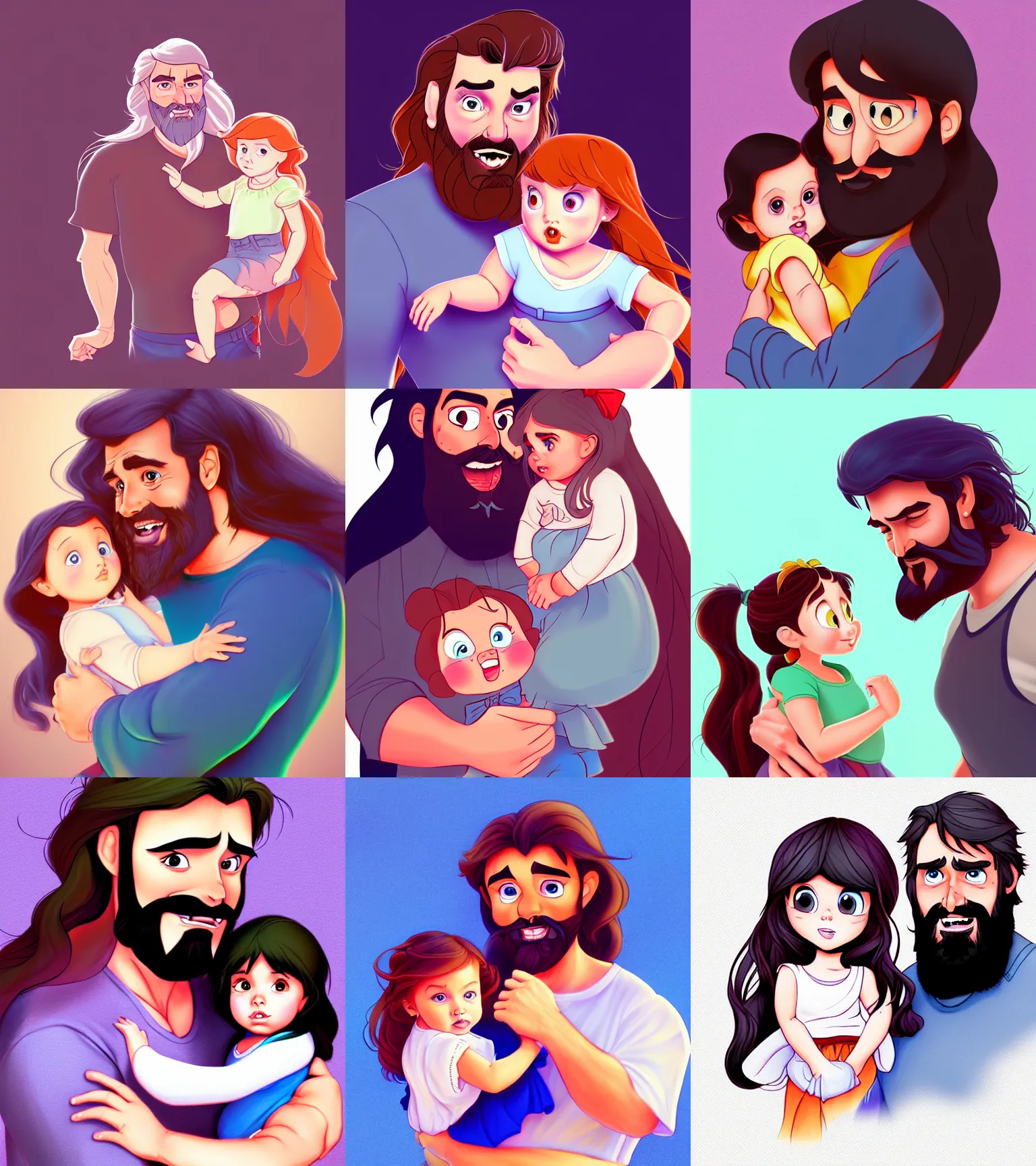 Image similar to a long - haired bearded father and his child toddler girl full color digital illustration in the style of don bluth, artgerm, artstation trending, 4 k