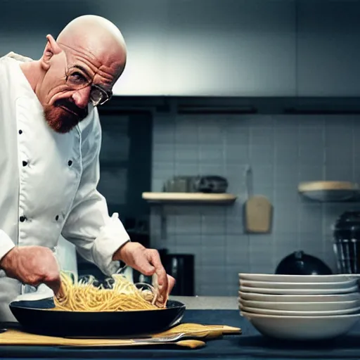 Image similar to walter white from breaking bad cooking spaghetti, 4 k, realistic, full body, full image, studio portrait