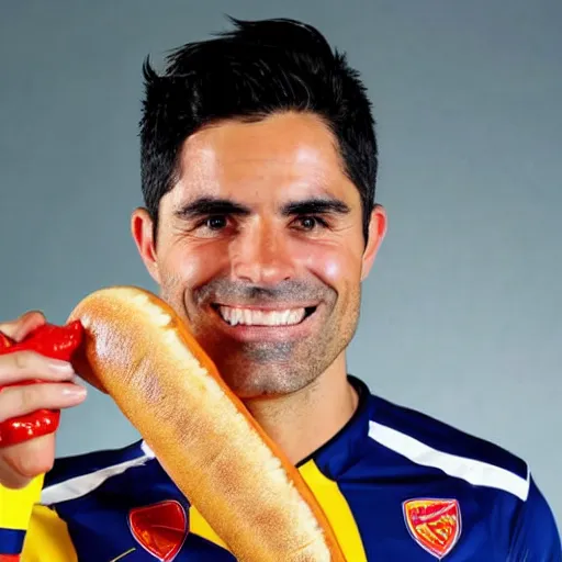 Prompt: a promo portrait of mikel arteta holding a delicious hot dog with mustard and ketchup up to the camera, happy, hyper detailed, fisheye lense, reuters