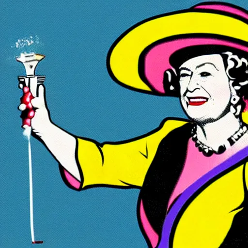 Prompt: pop-art of Queen Elizabeth firing a bazuka