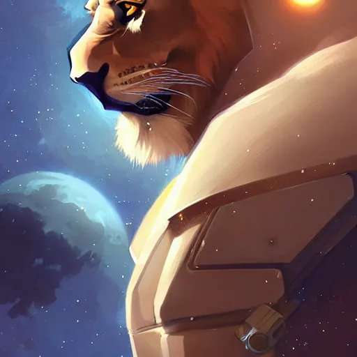 Image similar to an lion wearing a astronaut outfit,character design by charlie bowater, ross tran, artgerm, and makoto shinkai, detailed, inked, western comic book art, 2021 award winning painting,digital art,ultra realistic,ultra detailed,art by greg rutkowski,photorealistic,hyperdetailed,relaxed