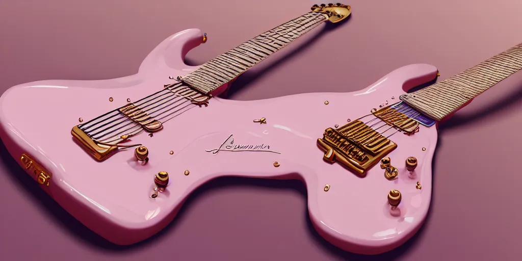 Prompt: dreamlike luxury electric guitar, pale pink and gold, art by artgerm, ilya kuvshinov, 8 k realistic, hyperdetailed, beautiful lighting, detailed background, depth of field, frostbite 3 engine, cryengine,