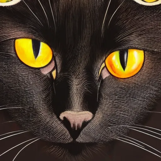 Prompt: a female black cat with red eyes and a gold crescent moon in her forehead