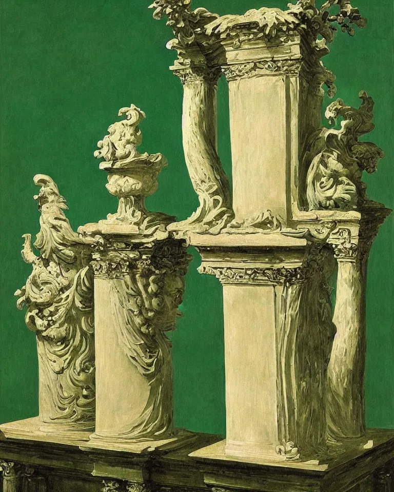 Image similar to achingly beautiful painting of intricate ancient roman corinthian capital on jade background by rene magritte, monet, and turner. giovanni battista piranesi.