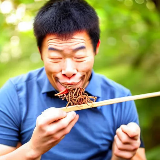 Image similar to a man eating earthworms with chopsticks