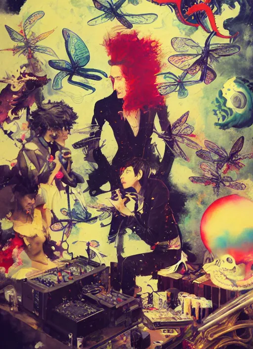 Image similar to surreal gouache painting, by yoshitaka amano, by ruan jia, by Conrad roset, by good smile company, Noel Fielding surrounded by magical dragonflies and a big DJ Mixer, deck, portrait, cgsociety, artstation, rococo mechanical and Digital and electronic, dieselpunk atmosphere
