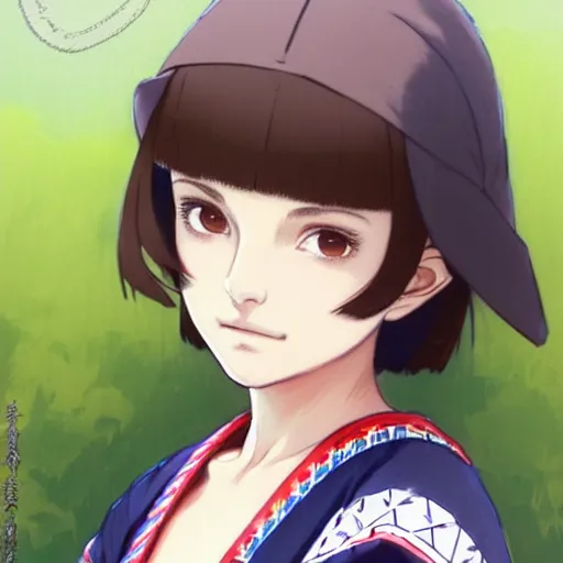 Image similar to a beautiful! boyish! natalie portman alluring gravure! model, wearing japanese school girl outfit with mayan pattern and native style, aztec street fashion, gapmoe yandere grimdark, trending on pixiv fanbox, painted by greg rutkowski makoto shinkai takashi takeuchi studio ghibli, akihiko yoshida