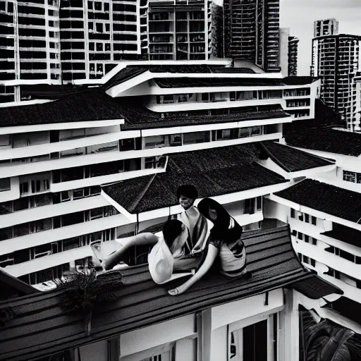 Image similar to photo of two singaporean students on the roof of a hdb flat, black and white, award winning, composition