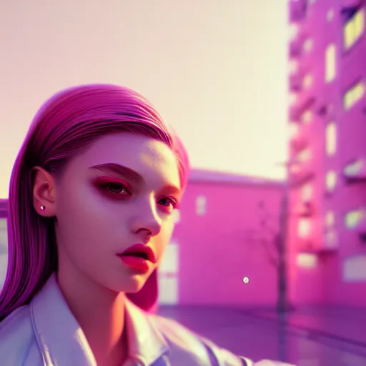 Prompt: selfie of a young woman, winged eyeliner, pastel clothing, urban environment, depth of field, octane render, photorealistic, trending on artstation