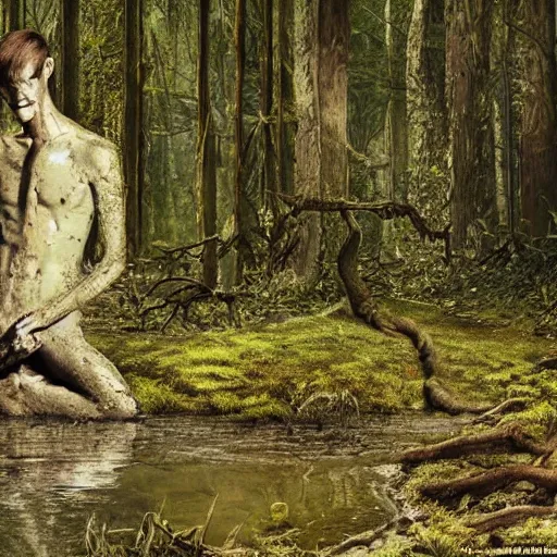 Prompt: Enigmatic Slender Man with Mud and Moss over his skin and plants growing on him is kneeling in a dirty pond, Photorealistic, Sunlight, Creepy, Nature, Hyperrealism, Hyperdetailed