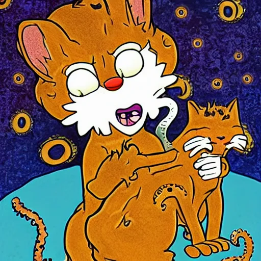 Image similar to jon arbuckle as a lovecraftian monster petting garfield the cat