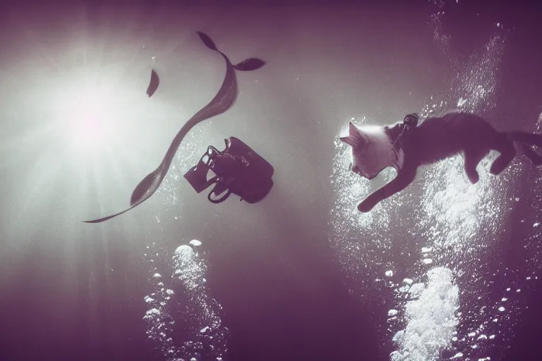 Image similar to a cat dressed as a scuba diver swimming underwater, photo-realistic low lighting, creepy, vast, shot by a camera,