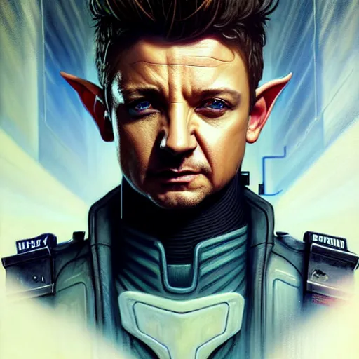 Image similar to portrait painting of a cyberpunk elf policeman who looks like jeremy renner, ultra realistic, concept art, intricate details, eerie, highly detailed, photorealistic, octane render, 8 k, unreal engine. art by artgerm and greg rutkowski and charlie bowater and magali villeneuve and alphonse mucha