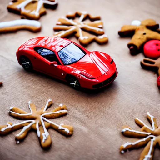 Prompt: a ferrari made of gingerbread, food photography, car photography