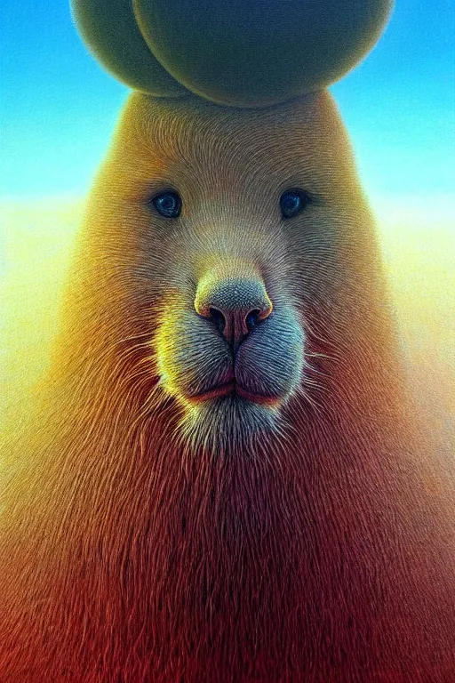 Image similar to hyperrealistic close-up baroque psychedelic!! god happy fluffy kind creature!! peaceful kind spirit of nature highly detailed concept art eric zener elson peter cinematic hard rainbow lighting high angle hd 8k sharp shallow depth of field, inspired by Zdzisław Beksiński