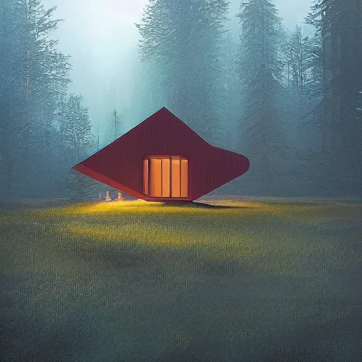 Prompt: “ swedish futuristic cabin next to the lake in the forest by simon stalenhag, misty morning ”