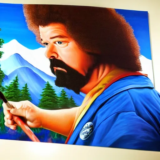 Image similar to a closeup photorealistic photograph of bob ross putting the finishing touches on a canvas painting of kenny powers. mountains and trees. film still. brightly lit scene. this 4 k hd image is trending on artstation, featured on behance, well - rendered, extra crisp, features intricate detail, epic composition and the style of unreal engine.