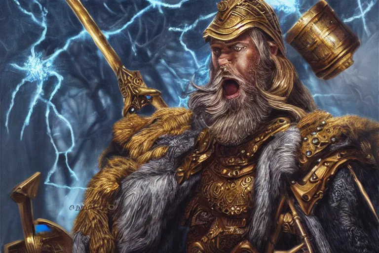 Image similar to mythological angry odin all father supreme God of thunder and smithing and artificial intelligence creating an artificial neural network with gold synapses on an anvil with his mighty hammer, high resolution, award winning art, trending on art station, sharp image, incredibly detailed, detailed character, realistic painting, hyper-realistic painting, coherent painting