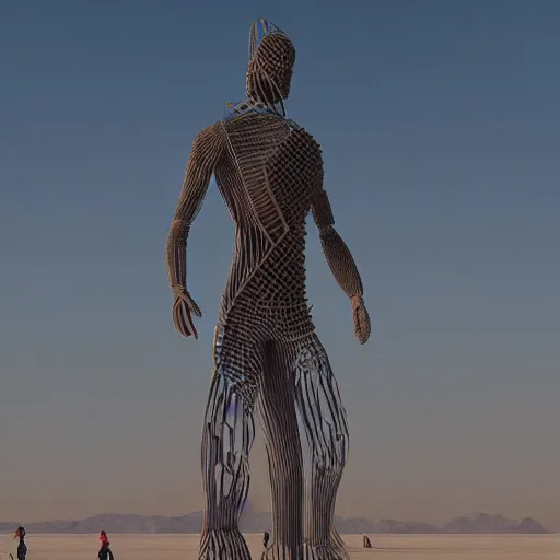 Prompt: highly detailed 3d render of burning man festival sculpture of man made of cornflowers by Beeple