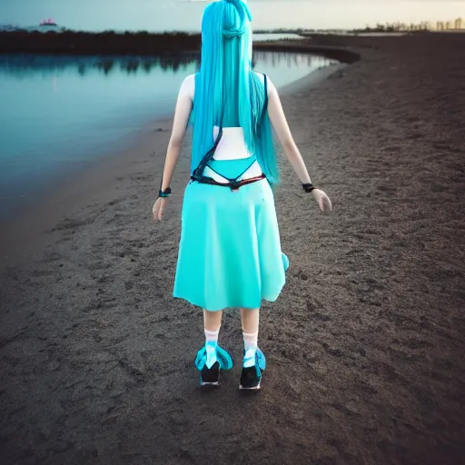 Image similar to photo of hatsune miku cosplayer takes a walk on late evening beach, f 2,4