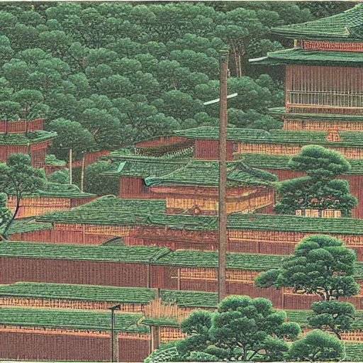 Image similar to a city full of various plants, Kawase Hasui,