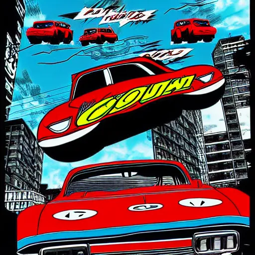 Image similar to cars being juggled in the air, comic book cover art, in the style of todd mcfarlane and jack kirby, with a haunting background, digital photography, photorealistic, realistic, extreme detail