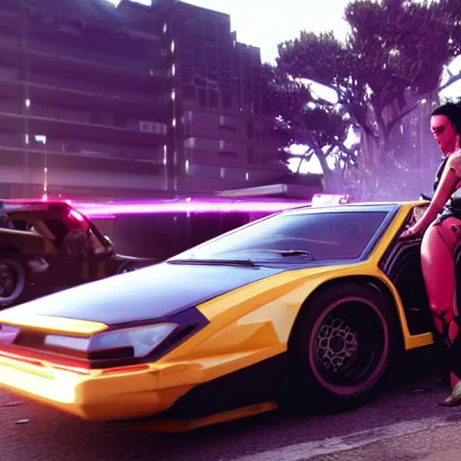 Prompt: v from cyberpunk 2077 driving a delorian
