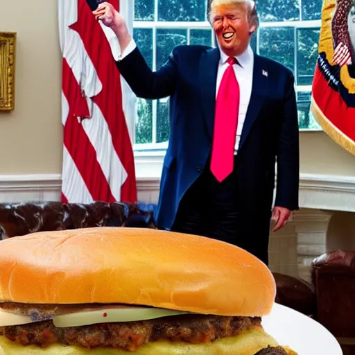Image similar to trump looking happy living in a house made out of a giant cheeseburger