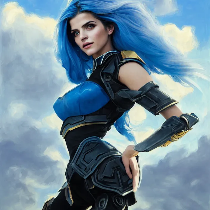 Prompt: portrait of a combination of Ashley Greene, Katheryn Winnick, Victoria Justice, Adriana Dxim, Grace Kelly and Emma Watson with blue hair wearing Interceptor's armor from Anthem, countryside, calm, fantasy character portrait, dynamic pose, above view, sunny day, thunder clouds in the sky, artwork by Jeremy Lipkin and Giuseppe Dangelico Pino and Michael Garmash and Rob Rey and Greg Manchess and Huang Guangjian, very coherent asymmetrical artwork, sharp edges, perfect face, simple form, 100mm