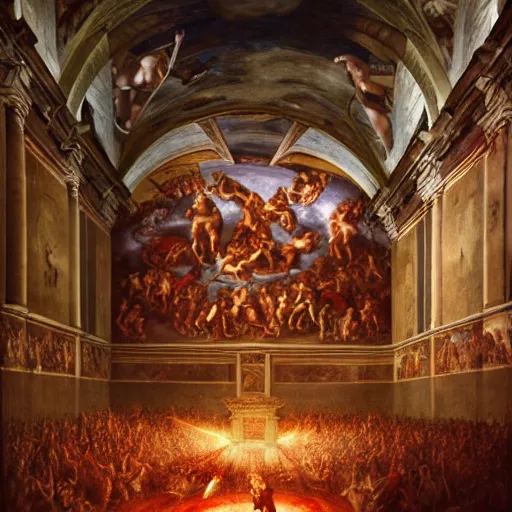 Image similar to the sistine chapel breaks open in half in the ceiling as a red magical portal from hell opens up, lucifer morningstar emerges along with hordes of demons, the priests and the pope look at the scene with terror in their eyes. highly detailed painting by gaston bussiere, greg rutkowski, craig mullins 8 k