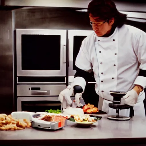 Image similar to Movie still of 'Future Science Apocalypse' (1990). Robot chef preparing food. Sigma 85mm f/1.4