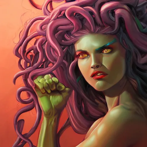 Image similar to medusa painting, comic style, seductive, dynamic lighting, artstation, detailed, blurred background